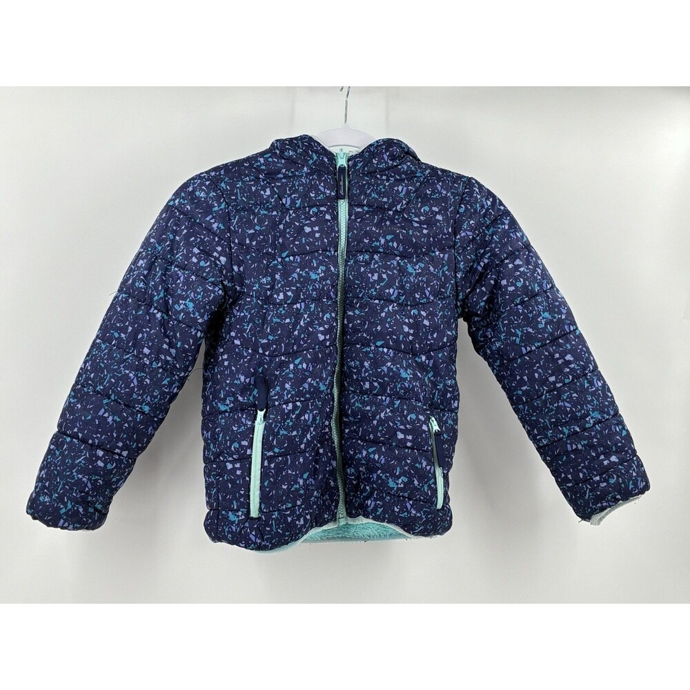 Eddie Bauer Kids Reversible Puffer Sherpa Jacket Navy Print Aqua Size Approx 6